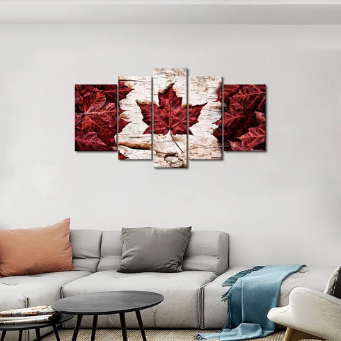 5 Pieces Modern Canvas Painting Wall Art  Flag Of Canada Constructed Of Maple Leaves White Birch Bark Country Symbol